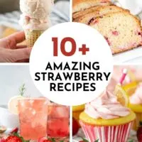 Collage of photos showing strawberry recipes.