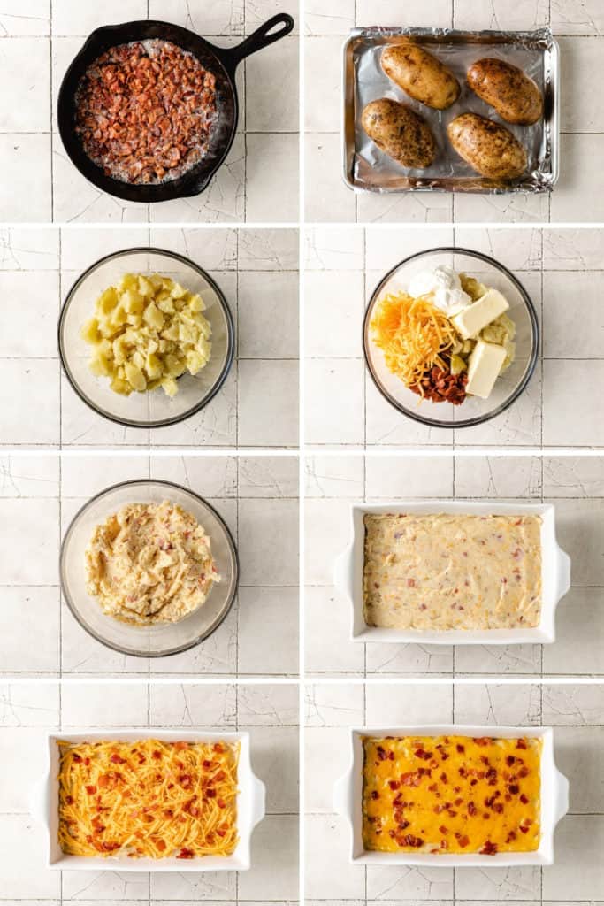 Collage showing how to make a twice baked potato casserole.