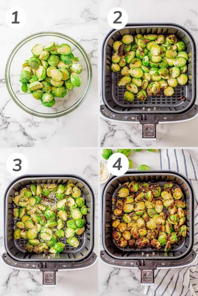Collage showing how to make air fryer brussel sprouts.
