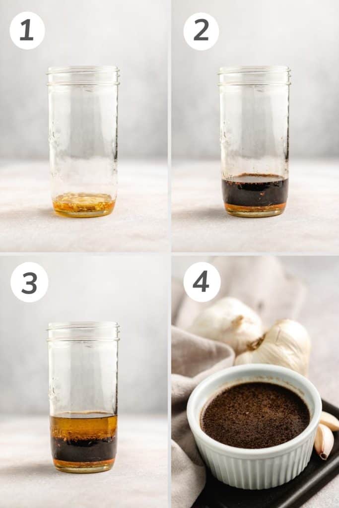 Collage showing how to make balsamic vinaigrette.