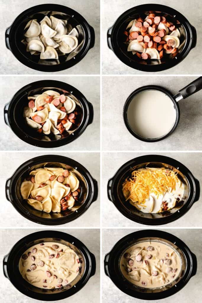 Collage showing how to make crockpot pierogi and kielbasa casserole.