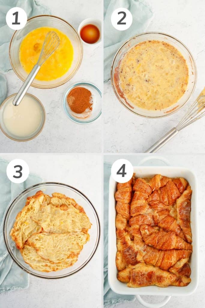 Collage showing how to make a croissant French toast bake.