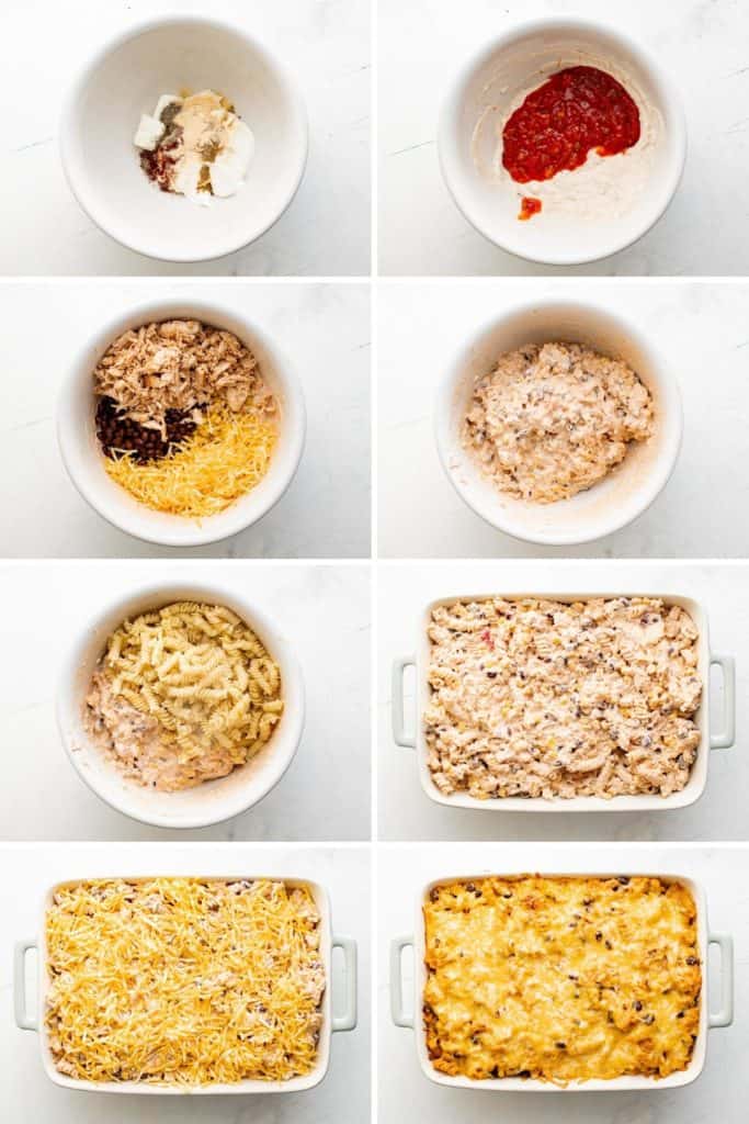 Collage showing how to make fiesta chicken casserole.