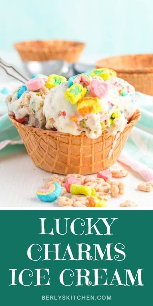 Waffle bowl filled with lucky charms ice cream.