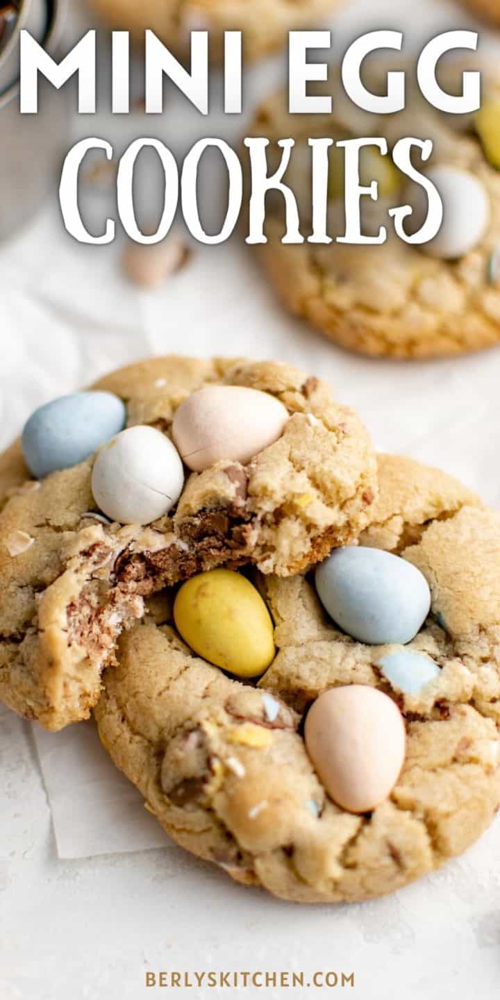 Close up view of two mini egg cookies.