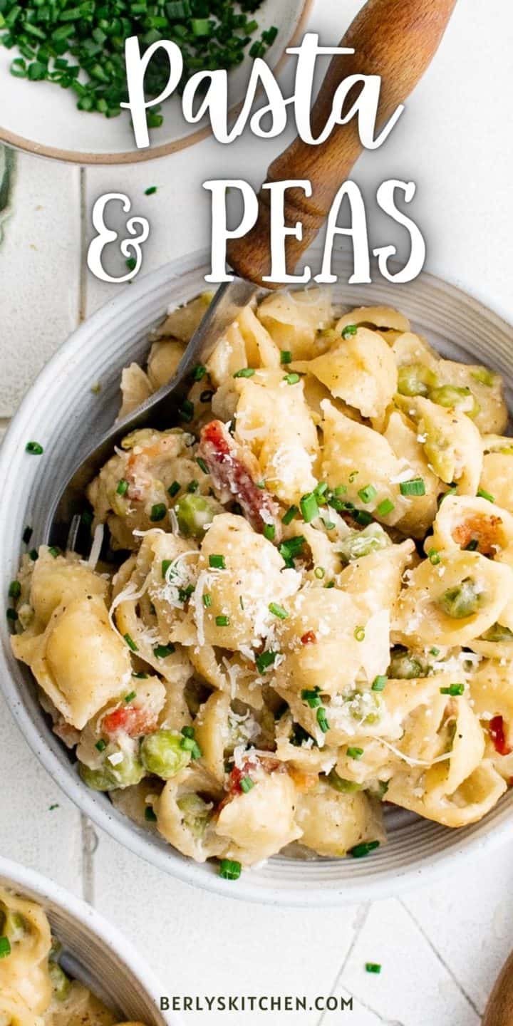 Top down view of pasta with peas.