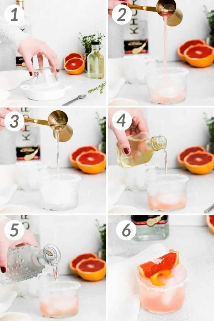 Collage showing how to make a salty dog cocktail.