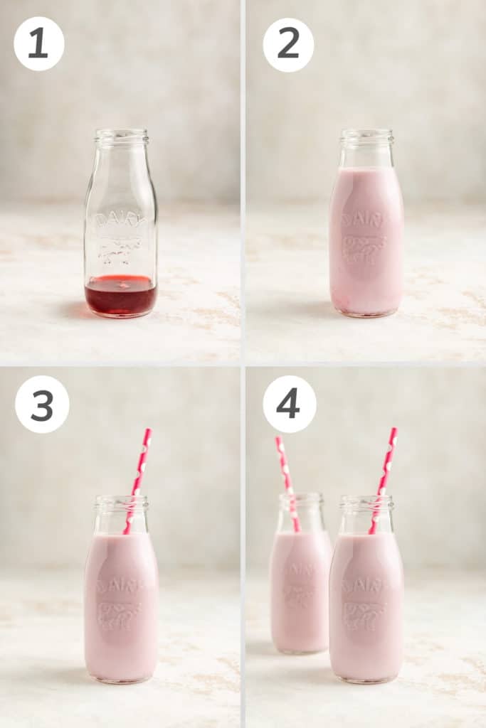 Collage showing how to make strawberry milk.