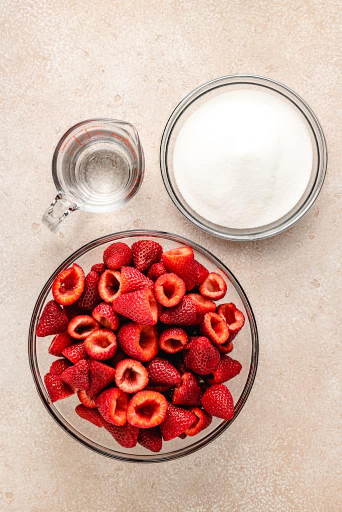 Ingredients needed for strawberry syrup.