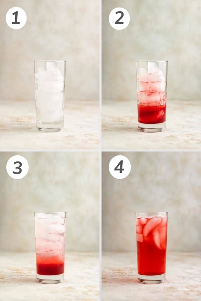 Collage showing how to make strawberry soda.