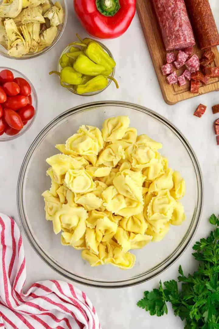 Cooked tortellini in a bowl.