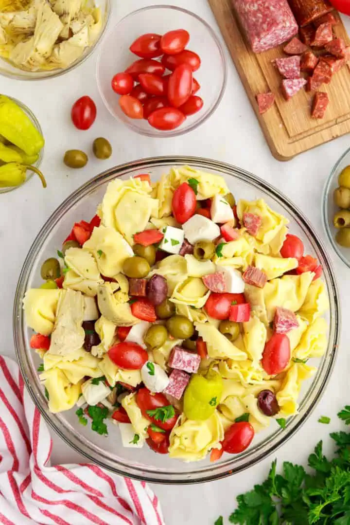 Pasta salad with tortellini in a bowl.