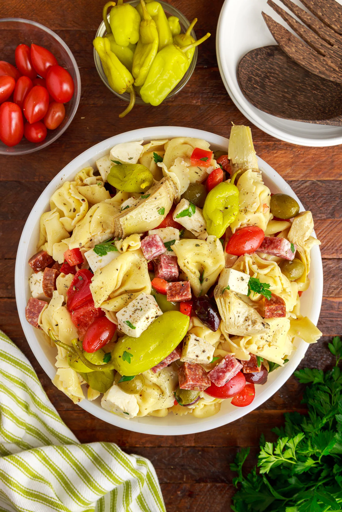 Top down view of Italian pasta salad in a bowl.
