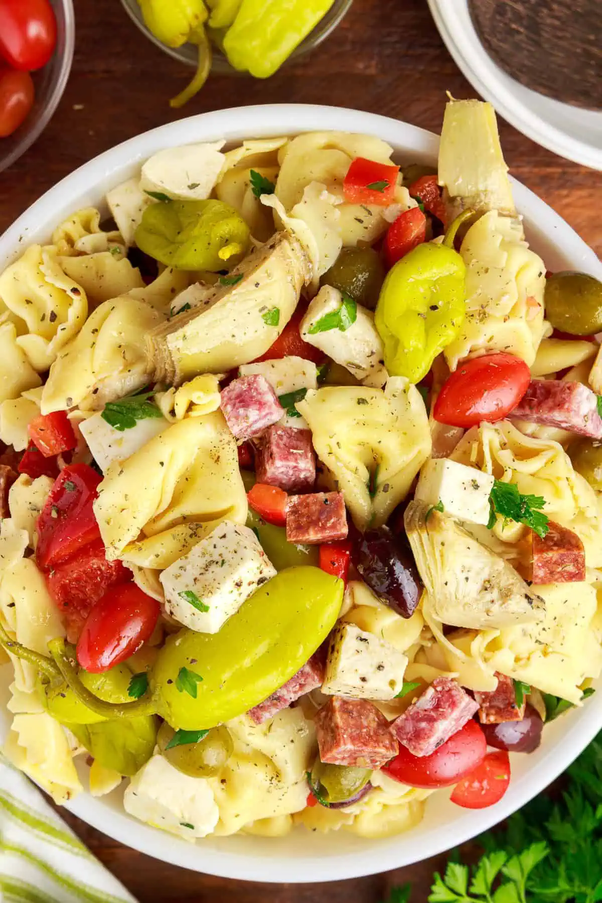 Close up view of tortellini pasta salad.