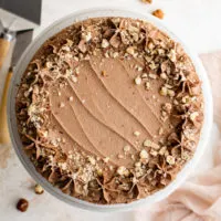 Top down view for hazelnut cake topped with chopped nuts.