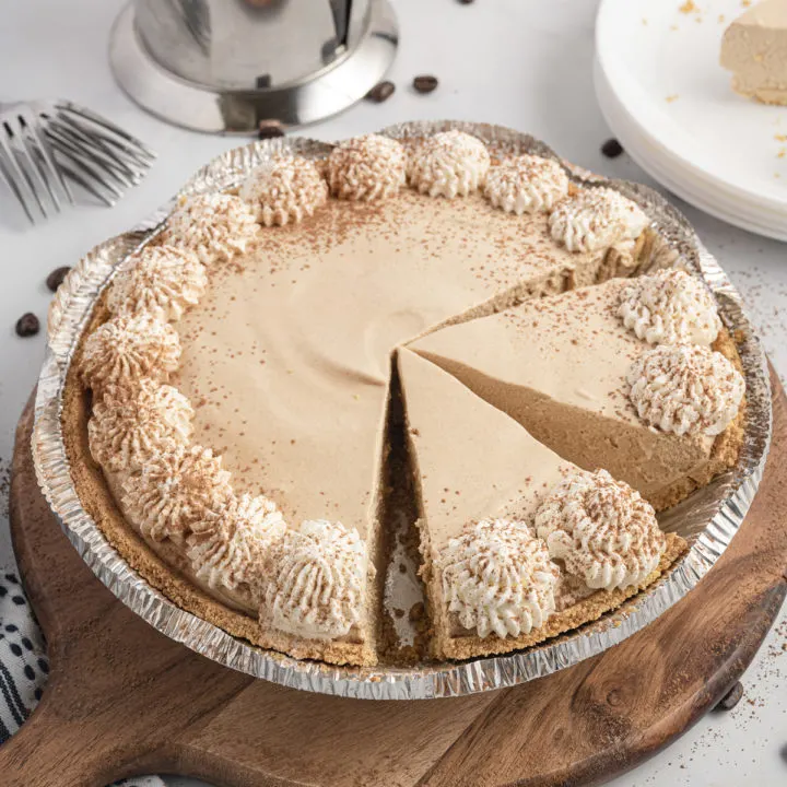 Side view of Irish coffee pie in a pie dish.