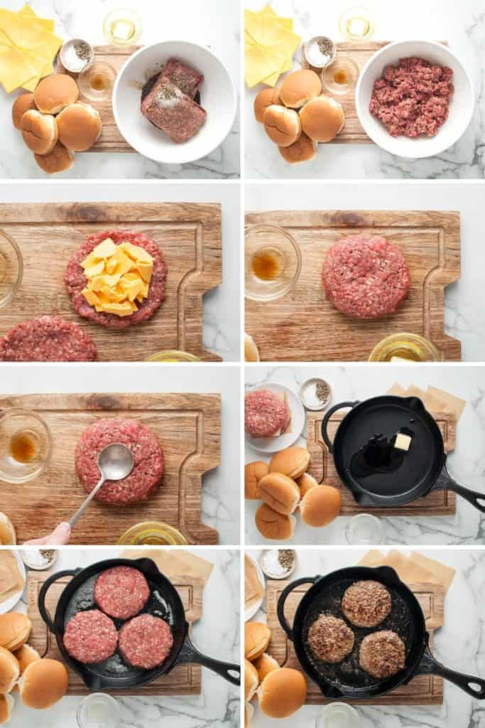 Collage showing how to make a juicy lucy.
