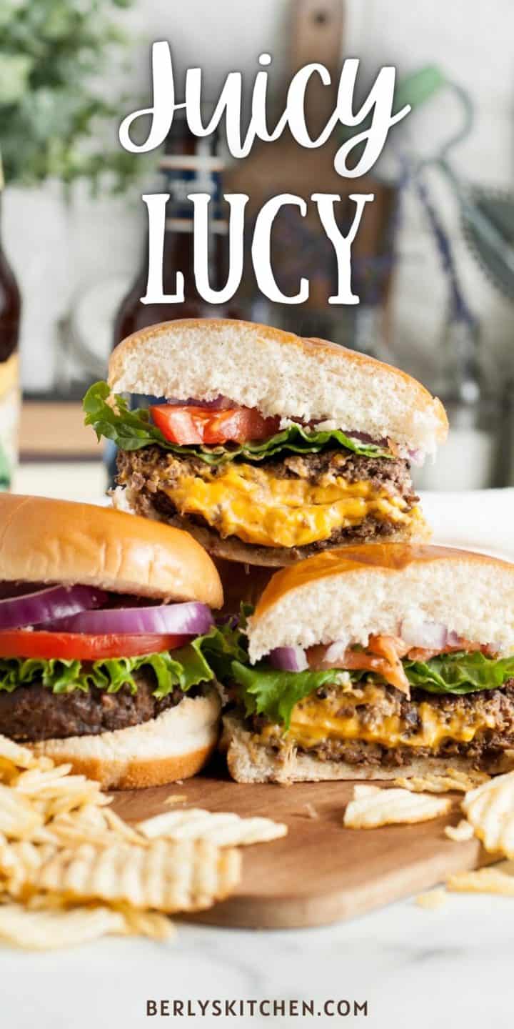 Stack of juicy lucy burgers with chips.