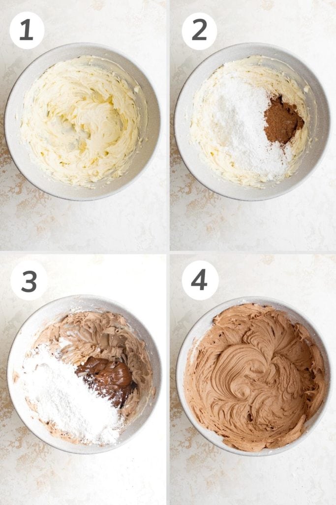 Collage showing how to make nutella frosting.