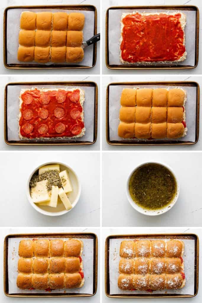 Collage showing how to make pizza sliders.