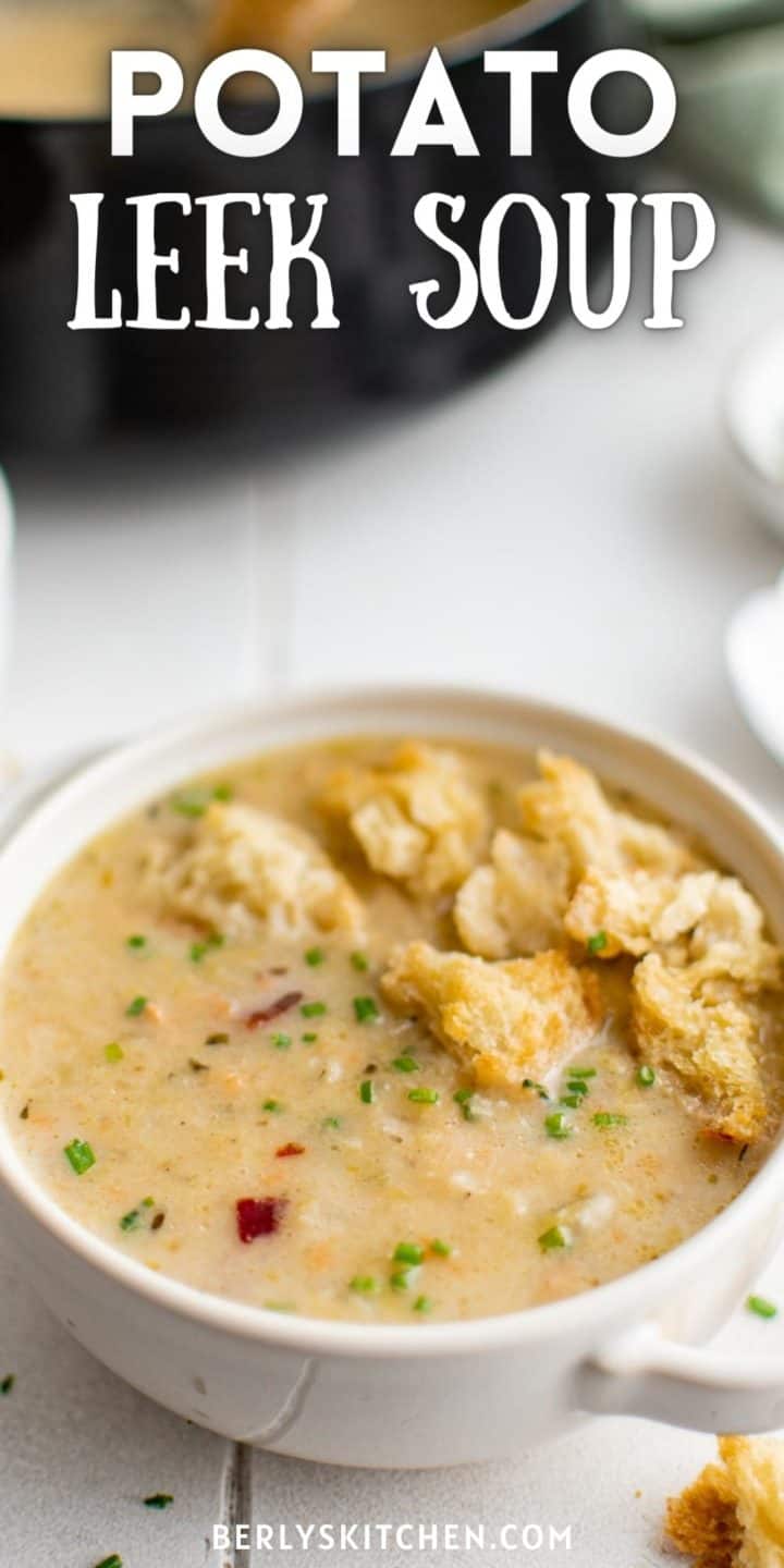 Potato leek soup in a bowl with croutons.