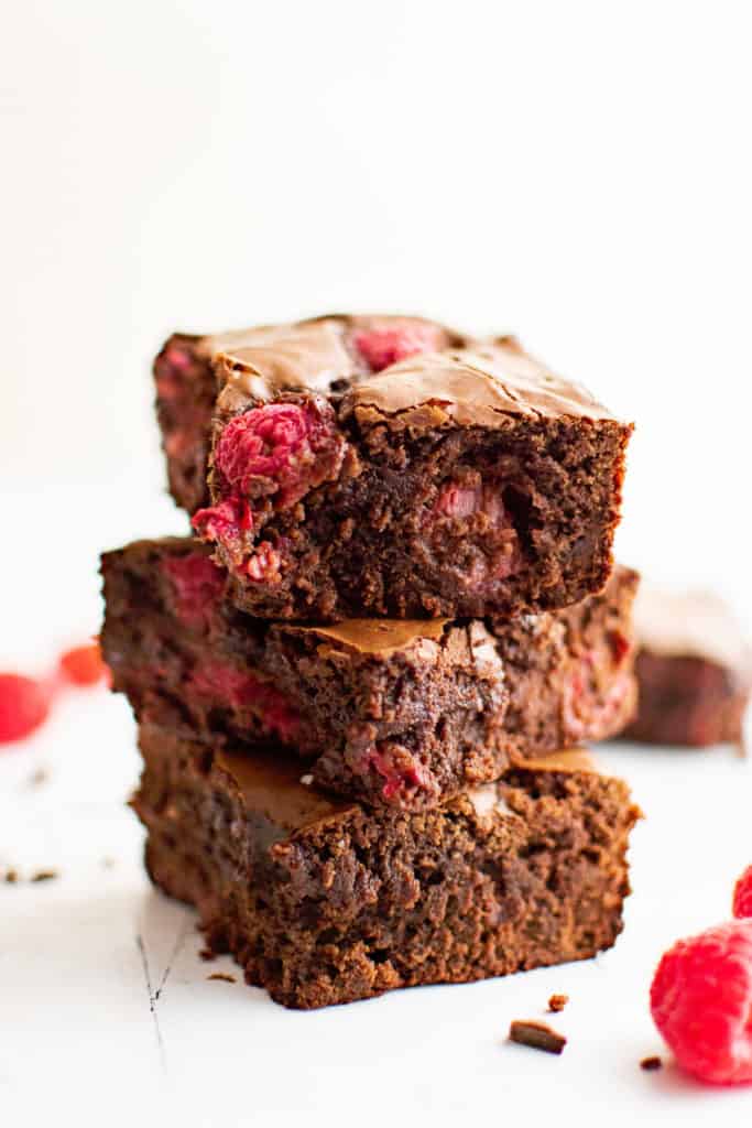 Three brownies in a stack.