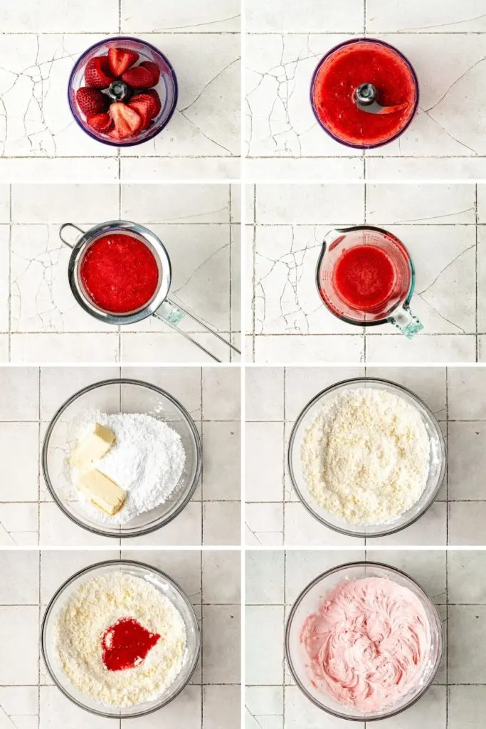 Collage showing how to make strawberry buttercream frosting.