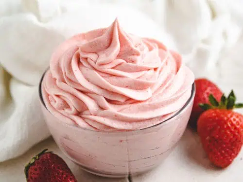Strawberry buttercream in a dish.