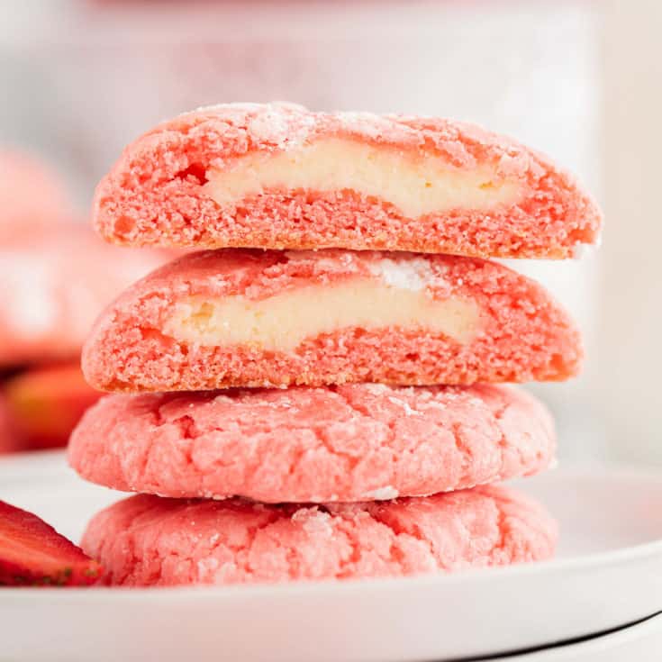 Strawberry cake mix cookies in a stack.