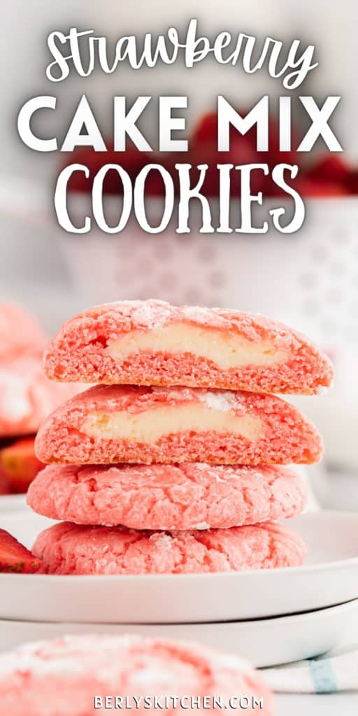 Close up view of a stack of strawberry cake mix cookies.
