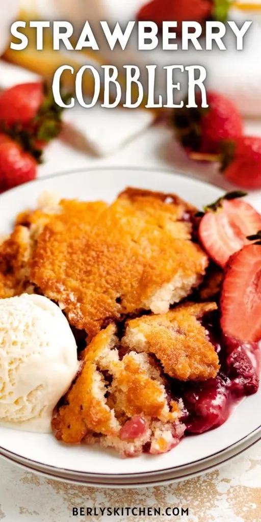 Close up view of strawberry cobbler.