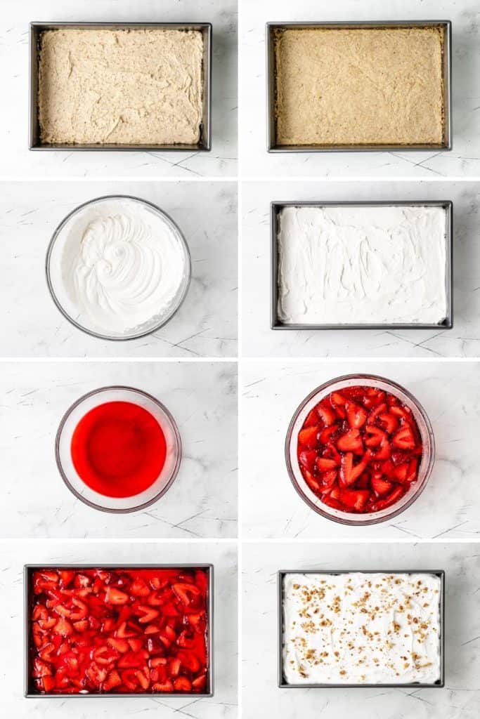 Collage showing how to make strawberry lasagna.