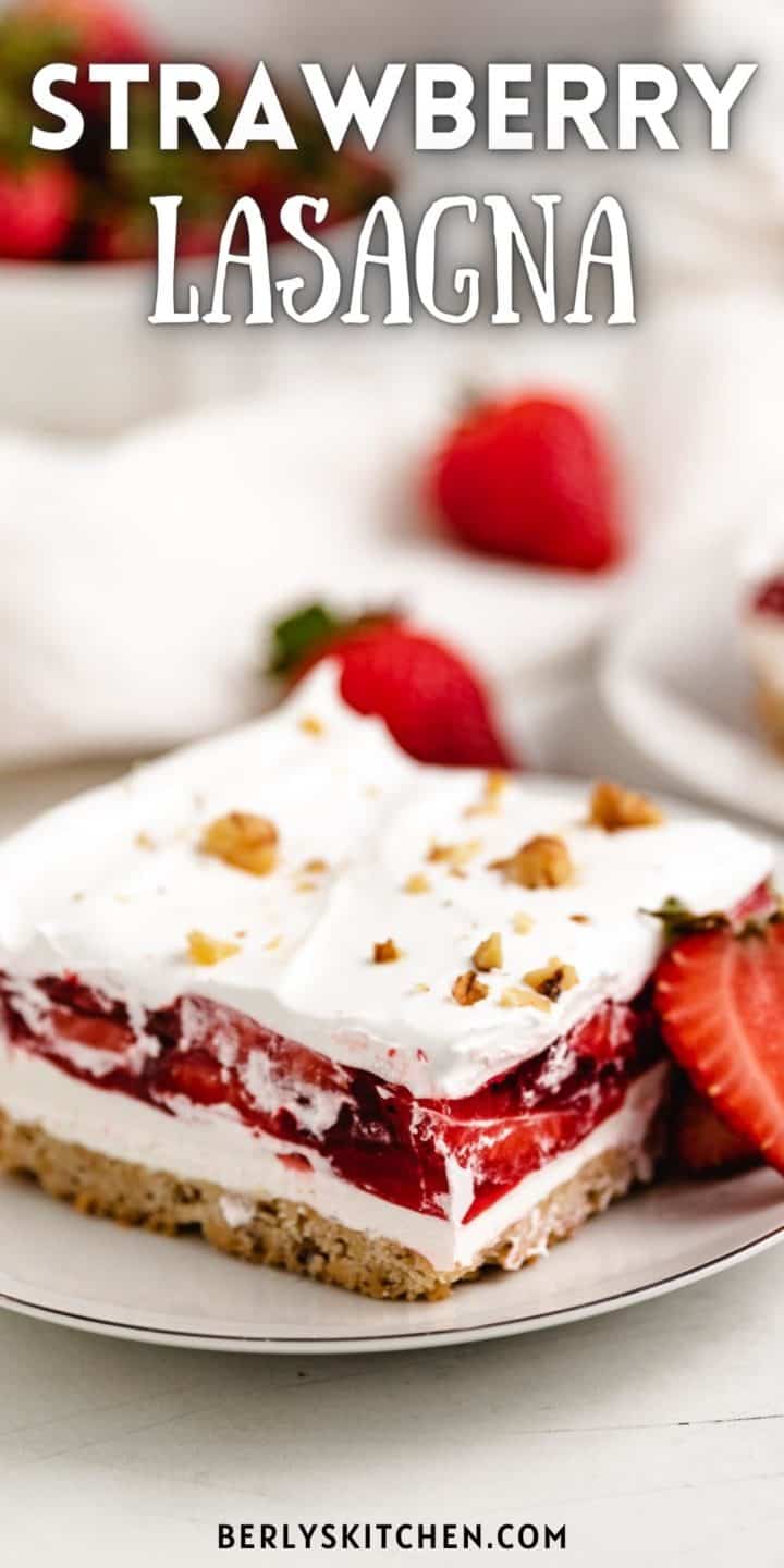Slice of strawberry dessert on a plate.