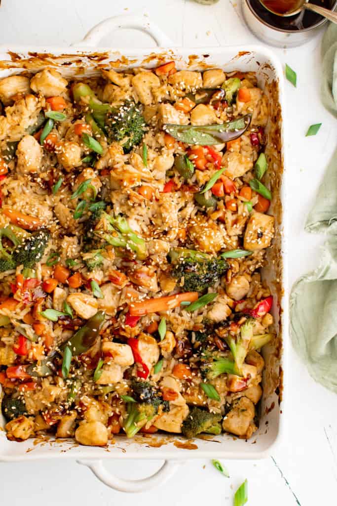 Top down view of teriyaki chicken casserole in a dish.