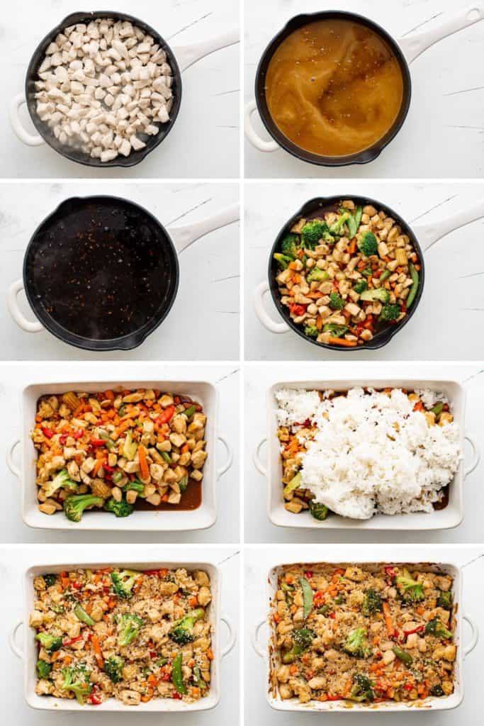 Collage showing how to make teriyaki chicken casserole.