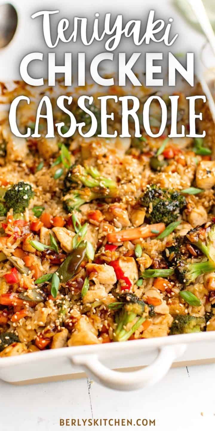 Close up view of teriyaki chicken casserole in a pan.