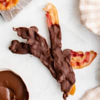 Bacon with chocolate on a table.