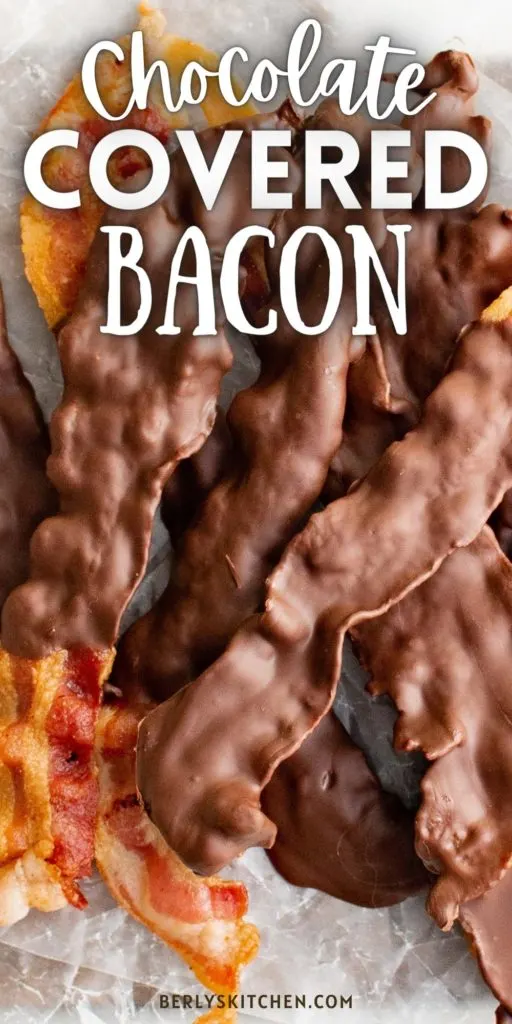 Top down view of a platter of chocolate covered bacon.