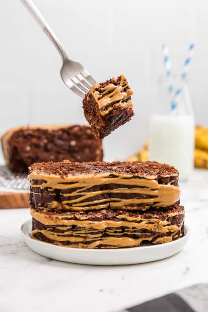 Bite of chocolate peanut butter bread on a fork.