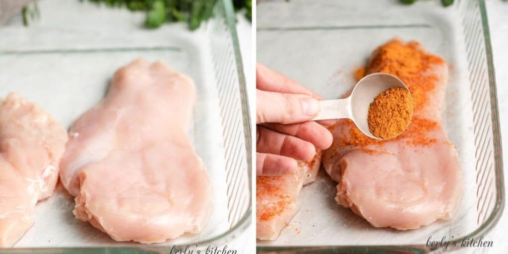 Collage showing how to make grilled bbq chicken breasts.