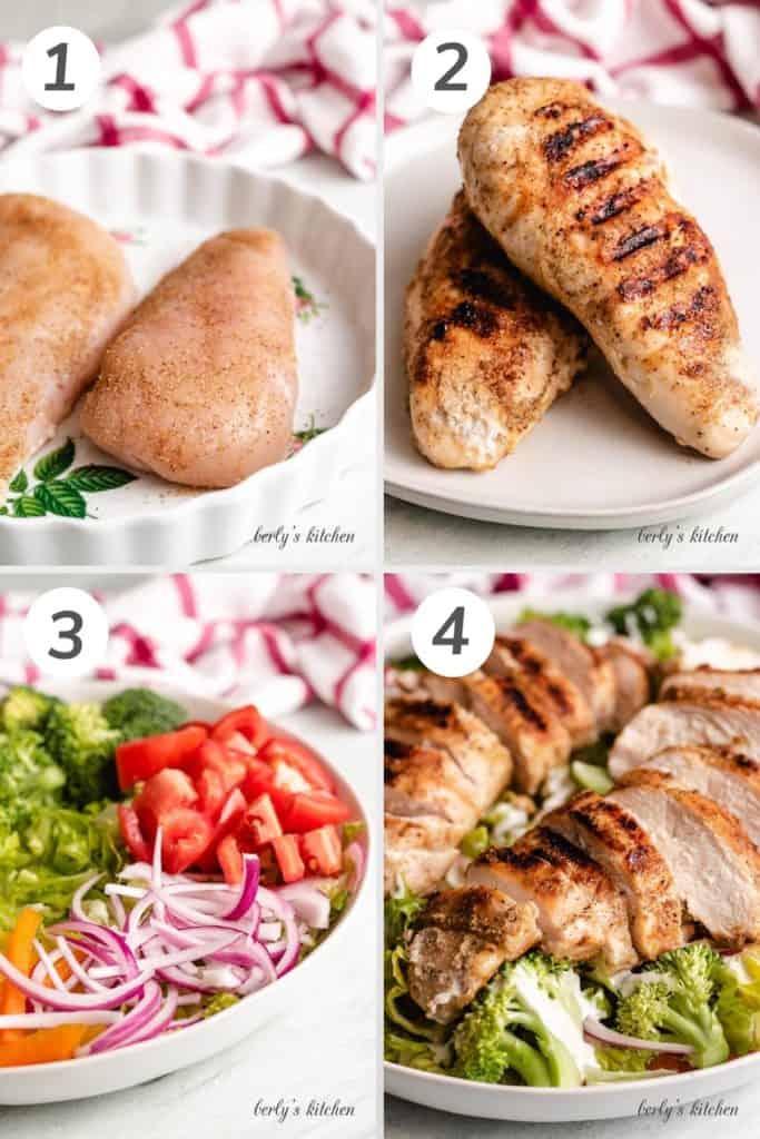 Collage showing how to make a grilled chicken salad.
