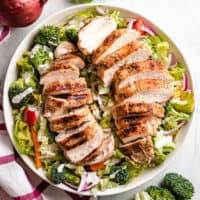 Aerial view of the grilled chicken salad in a bowl.