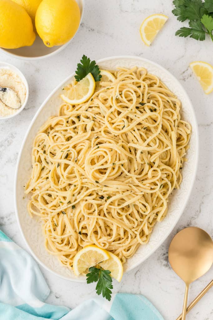 Oval dish filled with lemon pasta.
