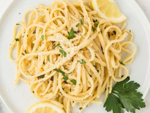 Top down view of lemon pasta.