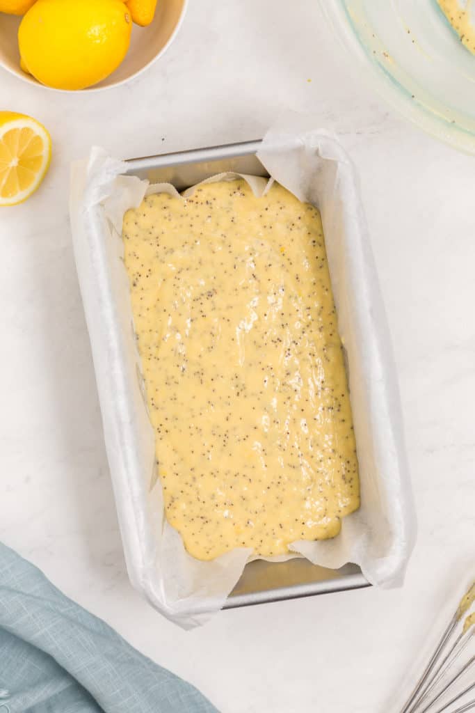 Lemon batter in a loaf pan.