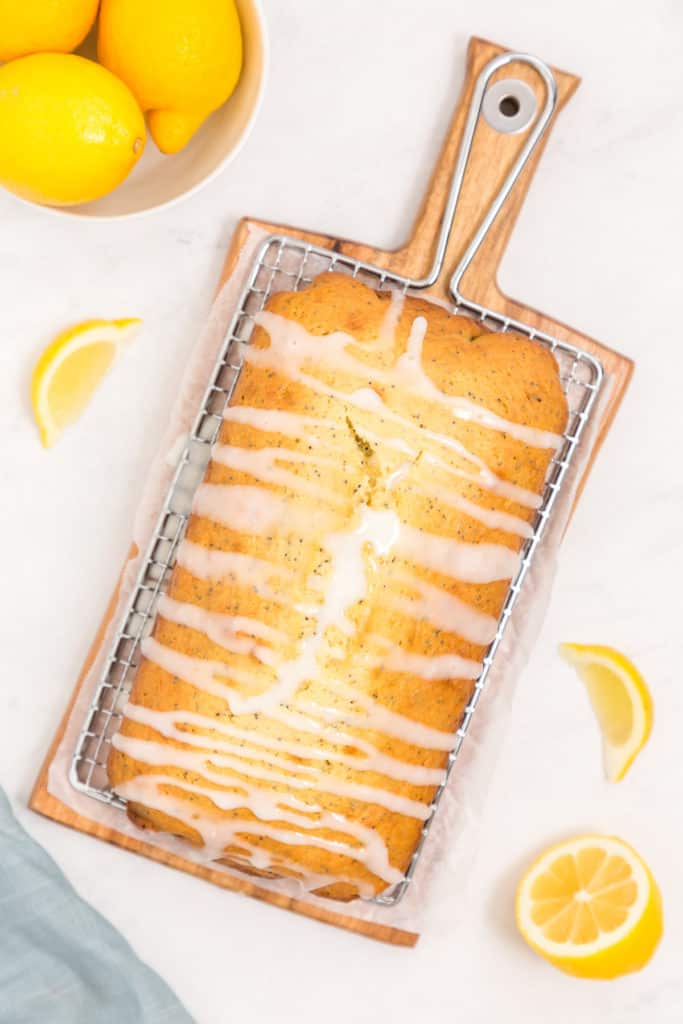 Top down view of lemon poppy seed bread with glaze.