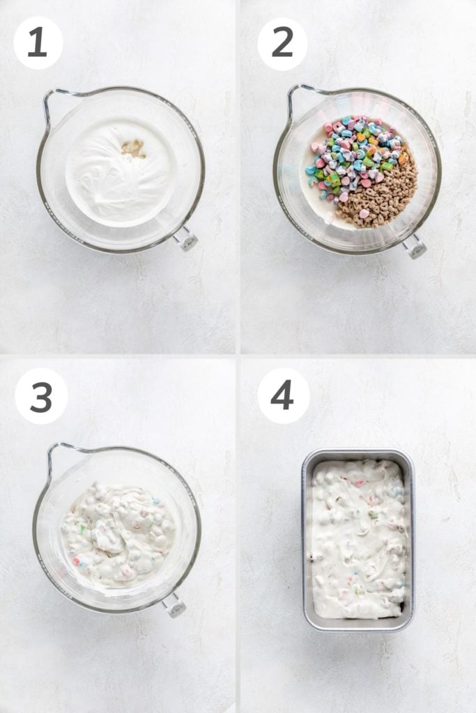 Collage showing how to make lucky charms ice cream.