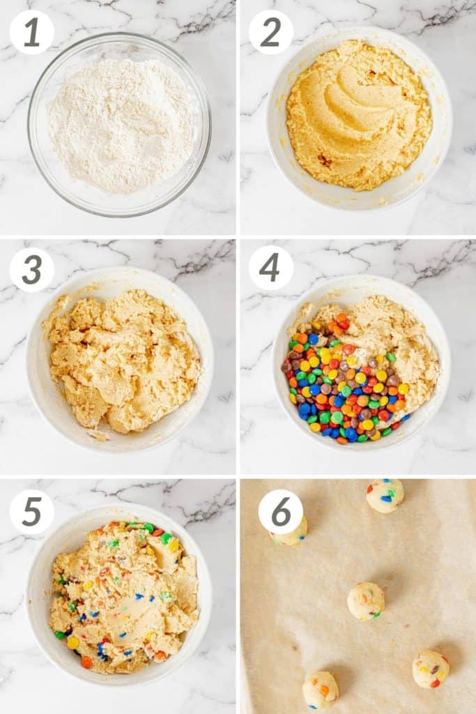 Collage showing how to make M&M cookies.
