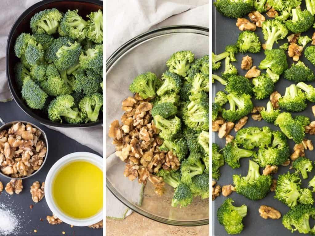 Collage showing how to make oven roasted broccoli.