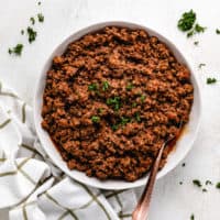 Top down view of taco meat in a large bowl.